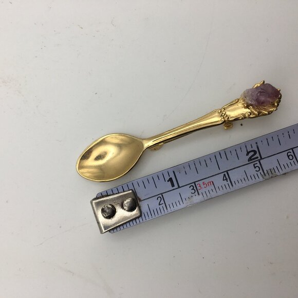 Vintage Small Gold Tone Spoon Pin Brooch Jewelry Amethyst Maple Leaf 2 1/2" - Picture 2 of 11